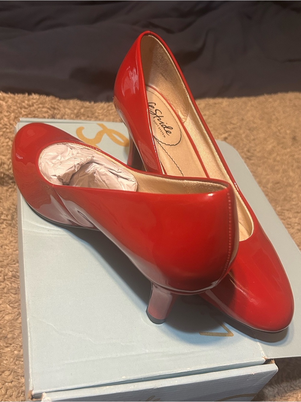 Life Stride Red Patent Mid Heel Pumps